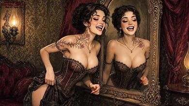 Grok AI Vintage Bordello Brunette Teasing Corset POV Big Tits