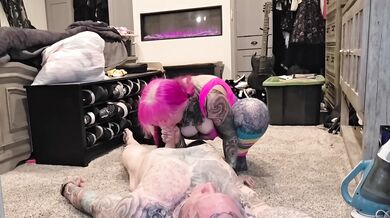 Alt Tattooed MILF in Leotard Sucks Deep and Chokes on Cum