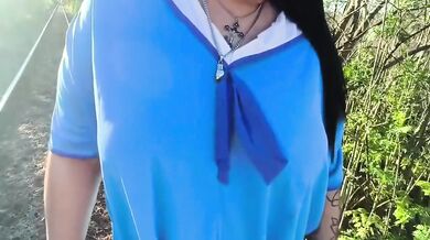 Goth doll choking big tits pov blowjob outdoors