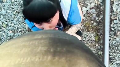Goth doll choking big tits pov blowjob outdoors