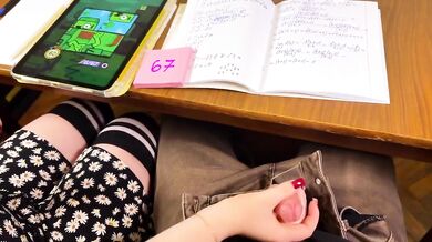 Schoolgirl Compilation Handjob Again in Math Class Under the Table and a Bit of Blowjob and Footjob at School