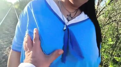 Curvy Goth Girl Destroyed Outside Choking on Big Ass and Titans Milk