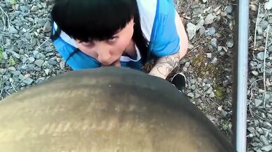 Curvy Goth Girl Destroyed Outside Choking on Big Ass and Titans Milk