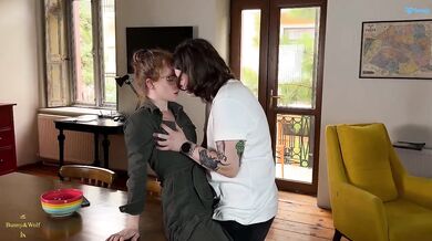 Hot Lesbian Redhead Femme In Overalls Grinds Lap For Dry Humping Orgasm And Moaning