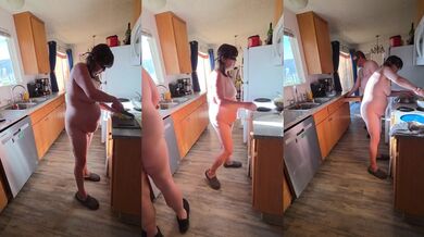 Married BBW And Brunette Mature Couple Cook Completely Naked Doing Chores