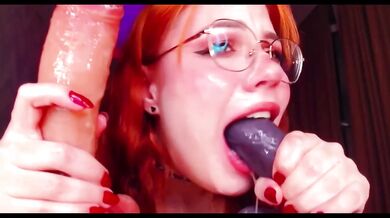 Sloppy Messy Double Blowjob Face Fuck Cum on Face Red Hair Girl with Glasses