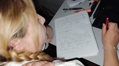 Blonde Schoolgirl Destroyed Her Professor with Deep Throat Cumshot