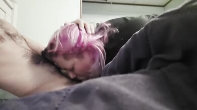 Pink haired BBW milf amateur couple deepthroat blowjob and gets facial