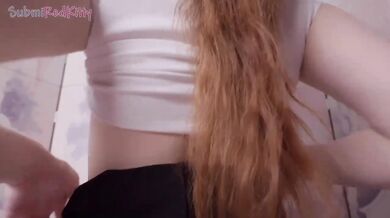 Rubbing big cock against redhead cutie panties under skirt while she jerks me off