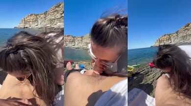 Public beach blowjob from verified French amateur couple who swallows hard