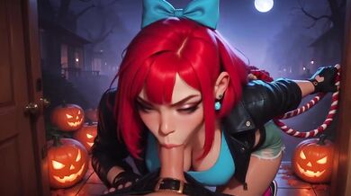 Mona and Scarlet Trick or Treat Door Knock Destroyed Gushing Blowjob Cumshot