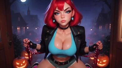 Mona and Scarlet Trick or Treat Door Knock Destroyed Gushing Blowjob Cumshot
