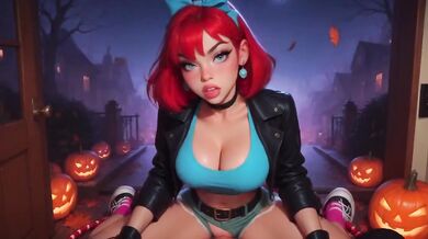 Mona and Scarlet Trick or Treat Door Knock Destroyed Gushing Blowjob Cumshot