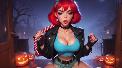 Mona and Scarlet Trick or Treat Door Knock Destroyed Gushing Blowjob Cumshot