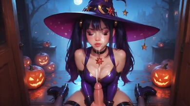 Mona and Scarlet Trick or Treat Door Knock Destroyed Gushing Blowjob Cumshot