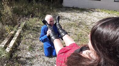 Old Mechanic Destroys Wet Pussy And Chokes Tight Asshole Outdoors