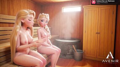 Rapunzel and Elsa Find a Strapon in the Sauna Part 1