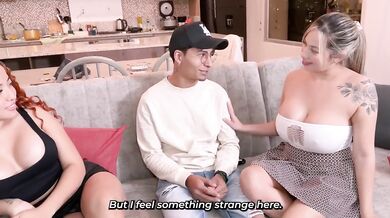Hot Lesbian Couple Delivers Gushing FFM Threesome Blowjob to Delivery Boy