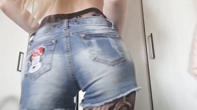 Worshipping a Big Ass in Denim Shorts With Anal Squirt