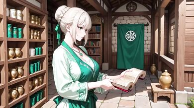 Blonde Mature Goddess in Green Robe and Apron Kneeling in Garden Sipping Tea Then Swordplay Destroyed Her