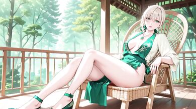 Blonde Mature Goddess in Green Robe and Apron Kneeling in Garden Sipping Tea Then Swordplay Destroyed Her
