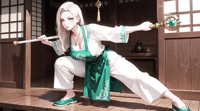 Blonde Mature Goddess in Green Robe and Apron Kneeling in Garden Sipping Tea Then Swordplay Destroyed Her
