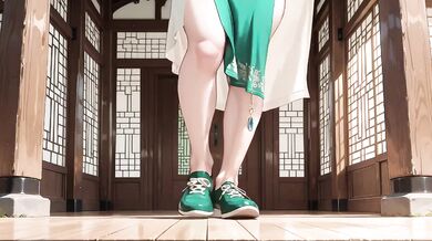 Blonde Mature Goddess in Green Robe and Apron Kneeling in Garden Sipping Tea Then Swordplay Destroyed Her
