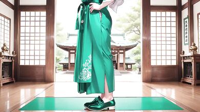 Blonde Mature Goddess in Green Robe and Apron Kneeling in Garden Sipping Tea Then Swordplay Destroyed Her