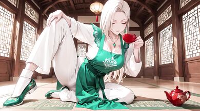 Blonde Mature Goddess in Green Robe and Apron Kneeling in Garden Sipping Tea Then Swordplay Destroyed Her