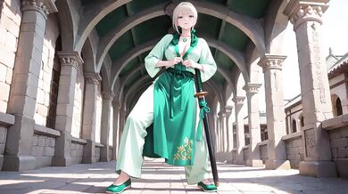 Blonde Mature Goddess in Green Robe and Apron Kneeling in Garden Sipping Tea Then Swordplay Destroyed Her