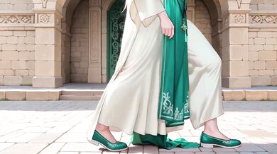 Blonde Mature Goddess in Green Robe and Apron Kneeling in Garden Sipping Tea Then Swordplay Destroyed Her