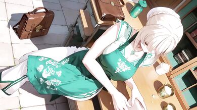 Blonde Mature Goddess in Green Robe and Apron Kneeling in Garden Sipping Tea Then Swordplay Destroyed Her