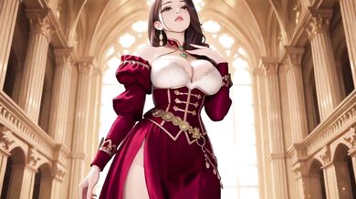 Red Robe Queen Destroyed Gushing Choked Low Angle Skirt Lift Gothic Corridor Walk Lazy Throne HD Porn