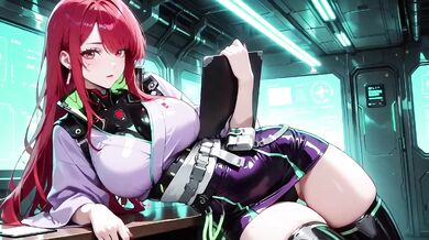 Cyber Redhead in Purple Kimono on Neon Train Car Fingertips Touching Collar Gaze That Drenches You Destroyed Gushing Choked