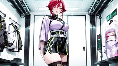 Cyber Redhead in Purple Kimono on Neon Train Car Fingertips Touching Collar Gaze That Drenches You Destroyed Gushing Choked