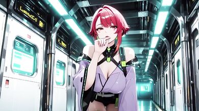 Cyber Redhead in Purple Kimono on Neon Train Car Fingertips Touching Collar Gaze That Drenches You Destroyed Gushing Choked
