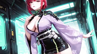 Cyber Redhead in Purple Kimono on Neon Train Car Fingertips Touching Collar Gaze That Drenches You Destroyed Gushing Choked