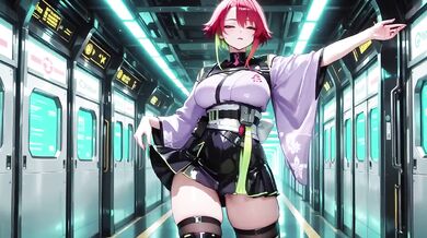 Cyber Redhead in Purple Kimono on Neon Train Car Fingertips Touching Collar Gaze That Drenches You Destroyed Gushing Choked