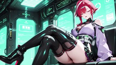Cyber Redhead in Purple Kimono on Neon Train Car Fingertips Touching Collar Gaze That Drenches You Destroyed Gushing Choked