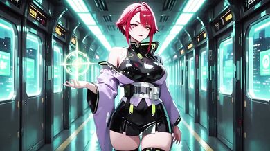 Cyber Redhead in Purple Kimono on Neon Train Car Fingertips Touching Collar Gaze That Drenches You Destroyed Gushing Choked