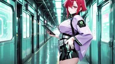 Cyber Redhead in Purple Kimono on Neon Train Car Fingertips Touching Collar Gaze That Drenches You Destroyed Gushing Choked