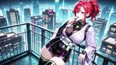 Cyber Redhead in Purple Kimono on Neon Train Car Fingertips Touching Collar Gaze That Drenches You Destroyed Gushing Choked
