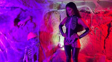 Petite Colombian Halloween masturbation ruined by orgasm squirt solo