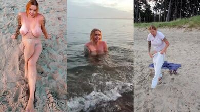 POV Busty Model Strips Naked on Beach and Plays in Sand