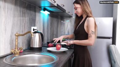 I fucked the skinny brunette in the kitchen and choked her with my cum