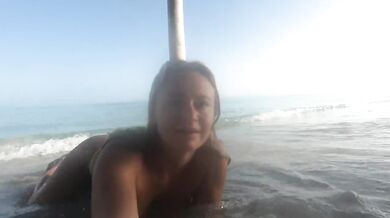 Destroyed Exhibitionist Wife Gushing Natural Tits in Atlantic Ocean Nudist Beach