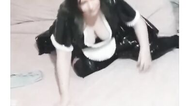 Chubby Latex Maid Masturbating on Bed with Huge Dildo and Dog Knot
