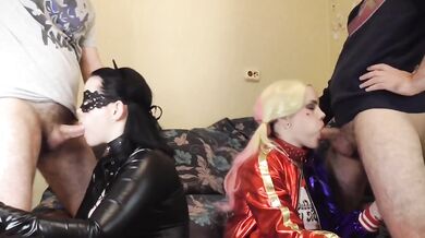 Harley Quinn Destroyed By Catwoman In DC Comics Cosplay Orgy With Gushing Cumshots And Choked Blowjobs