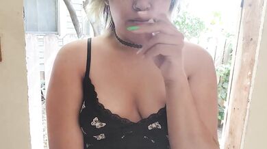 Public Chubby Latina Smoking Outside With Natural Tits Flashing