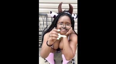Thick Ebony Cowgirl Smokes Weed and Pees Outside in Dressup